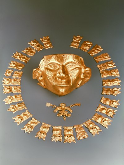 Mask, bird pendant and plaques, Cauca by Pre Columbian